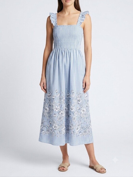 Laura Ashley Dresses & Skirts - Laura Ashley Smoked Striped Midi Dress S Ruffle Sleeves Blue NWT